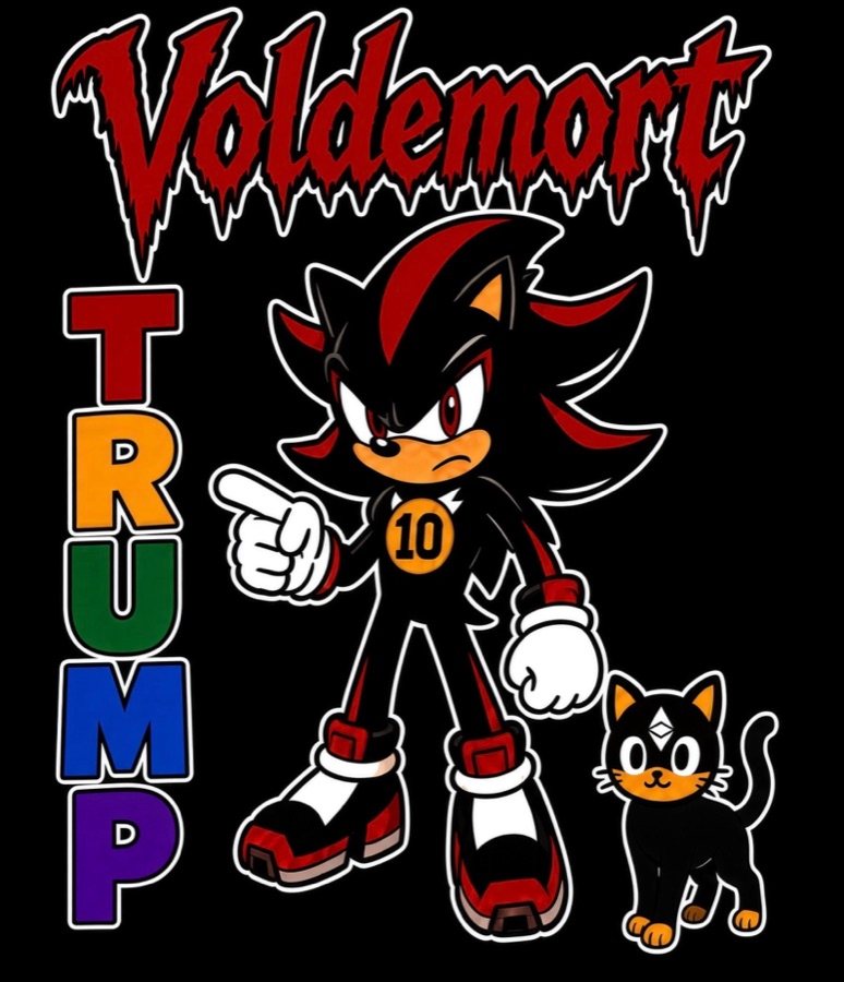 VoldemortTrumpShadow10Neko logo: a black hedgehog with a gold 10 medallion points at a stacked TRUMP while Neko, a black cat with an Ethereum diamond, walks beside him.